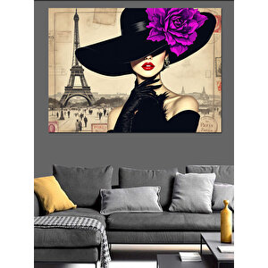 Şapkalı Parisli Zarif Kadın Dekoratif Kanvas - Mdf Ahşap Tablo 70x100 cm