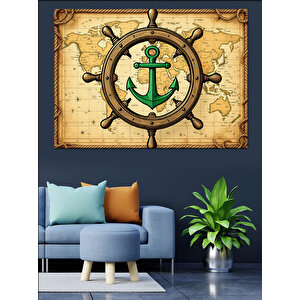 Harita Üzerinde Deniz Çarkı Dekoratif Kanvas - Mdf Ahşap Tablo 70x100 cm