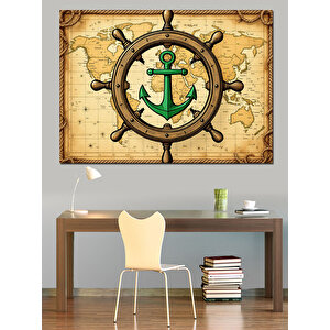 Harita Üzerinde Deniz Çarkı Dekoratif Kanvas - Mdf Ahşap Tablo 70x100 cm