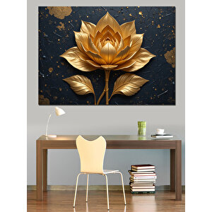 Altın Lotus Karanlık Zemin Dekoratif Kanvas - Mdf Ahşap Tablo 100x140 cm