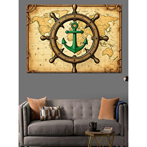 Harita Üzerinde Deniz Çarkı Dekoratif Kanvas - Mdf Ahşap Tablo 35x50 cm
