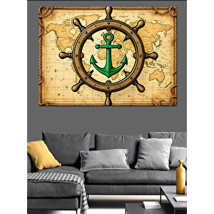 Harita Üzerinde Deniz Çarkı Dekoratif Kanvas - Mdf Ahşap Tablo
