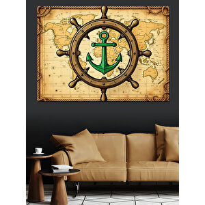 Harita Üzerinde Deniz Çarkı Dekoratif Kanvas - Mdf Ahşap Tablo