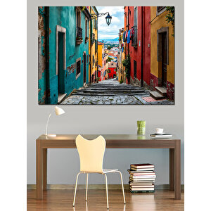 Renkli Dar Sokak Manzarası Dekoratif Kanvas - Mdf Ahşap Tablo
