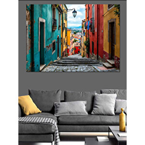 Renkli Dar Sokak Manzarası Dekoratif Kanvas - Mdf Ahşap Tablo