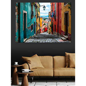Renkli Dar Sokak Manzarası Dekoratif Kanvas - Mdf Ahşap Tablo 100x140 cm