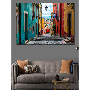 Renkli Dar Sokak Manzarası Dekoratif Kanvas - Mdf Ahşap Tablo 100x140 cm