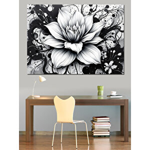 Siyah Beyaz Lotus Dekoratif Kanvas - Mdf Ahşap Tablo 70x100 cm