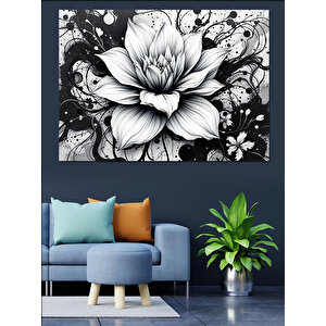 Siyah Beyaz Lotus Dekoratif Kanvas - Mdf Ahşap Tablo