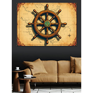 Pusula Haritası Üzeri Dümenci Dekoratif Kanvas - Mdf Ahşap Tablo 100x140 cm