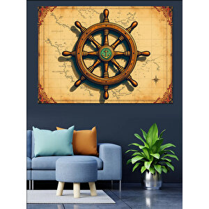 Pusula Haritası Üzeri Dümenci Dekoratif Kanvas - Mdf Ahşap Tablo 100x140 cm