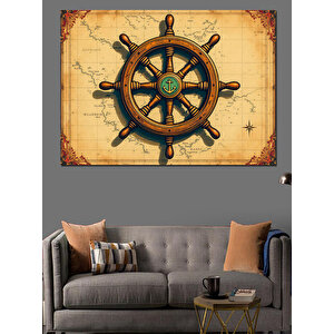 Pusula Haritası Üzeri Dümenci Dekoratif Kanvas - Mdf Ahşap Tablo