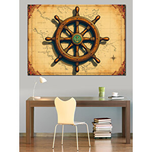Pusula Haritası Üzeri Dümenci Dekoratif Kanvas - Mdf Ahşap Tablo