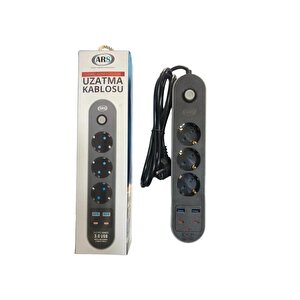 Ars 3'lü 2 Metre Akım Korumalı Anahtarlı 2 Usb 1 Typec 2 Mt