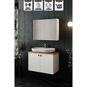 Mimoza 80cm Tezgahlı, Aynalı Banyo Dolabı Seti, Seramik Lavabo Dahil, Beyaz, Mdf