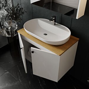 Mimoza 80cm Tezgahlı, Aynalı Banyo Dolabı Seti, Seramik Lavabo Dahil, Beyaz, Mdf