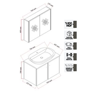 Karen Banyo Mimoza 80cm Tezgahlı, Aynalı Banyo Dolabı Seti, Seramik Lavabo Dahil, Beyaz, Mdf