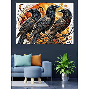 Üç Siyah Karga Deseni Dekoratif Kanvas - Mdf Ahşap Tablo 50x70 cm