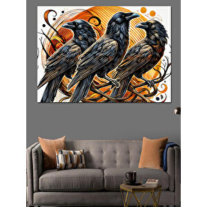 Üç Siyah Karga Deseni Dekoratif Kanvas - Mdf Ahşap Tablo 35x50 cm