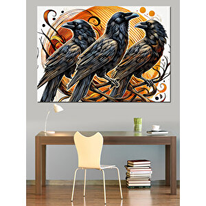 Üç Siyah Karga Deseni Dekoratif Kanvas - Mdf Ahşap Tablo