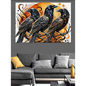 Üç Siyah Karga Deseni Dekoratif Kanvas - Mdf Ahşap Tablo