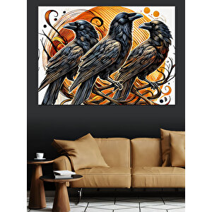 Üç Siyah Karga Deseni Dekoratif Kanvas - Mdf Ahşap Tablo 100x140 cm