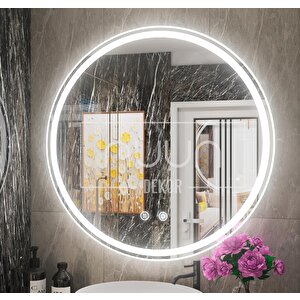 Beyaz Led Işıklı Banyo Aynası | Kumlamalı - Buğu Çözücülü - Dimmer Dokunmatik | 60-70-80-90 Cm