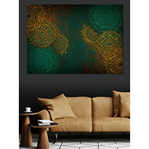 Altın Motifli Yeşil Desen Dekoratif Kanvas - Mdf Ahşap Tablo 100x140 cm
