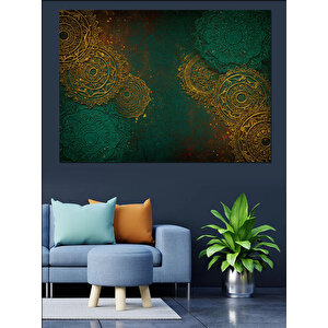 Altın Motifli Yeşil Desen Dekoratif Kanvas - Mdf Ahşap Tablo 100x140 cm