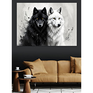 Siyah Ve Beyaz Kurtlar Dekoratif Kanvas - Mdf Ahşap Tablo 100x140 cm