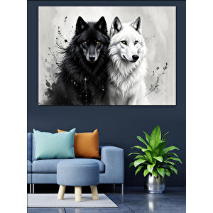 Siyah Ve Beyaz Kurtlar Dekoratif Kanvas - Mdf Ahşap Tablo 100x140 cm
