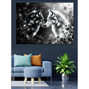 Siyah Beyaz Aşık Kurtlar Dekoratif Kanvas - Mdf Ahşap Tablo 70x100 cm