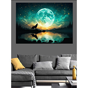 Dolunay Manzarasında Uluyan Kurt Dekoratif Kanvas - Mdf Ahşap Tablo 100x140 cm