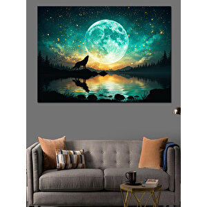 Dolunay Manzarasında Uluyan Kurt Dekoratif Kanvas - Mdf Ahşap Tablo