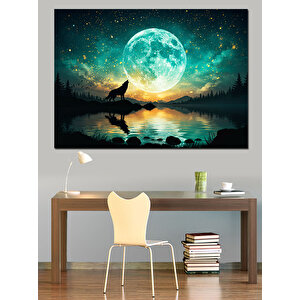 Dolunay Manzarasında Uluyan Kurt Dekoratif Kanvas - Mdf Ahşap Tablo 70x100 cm