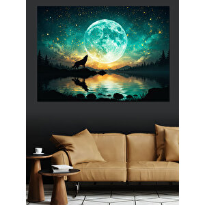 Dolunay Manzarasında Uluyan Kurt Dekoratif Kanvas - Mdf Ahşap Tablo 70x100 cm