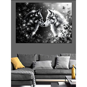 Siyah Beyaz Aşık Kurtlar Dekoratif Kanvas - Mdf Ahşap Tablo 50x70 cm