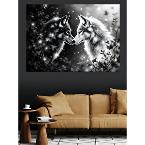 Siyah Beyaz Aşık Kurtlar Dekoratif Kanvas - Mdf Ahşap Tablo 50x70 cm