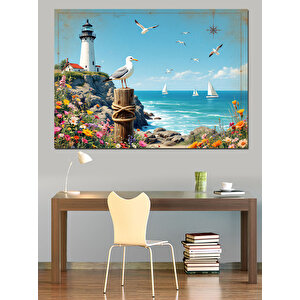 Kuşlar Ve Deniz Feneri Dekoratif Kanvas - Mdf Ahşap Tablo 100x140 cm