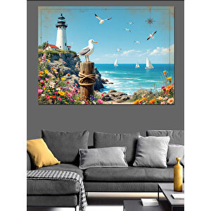 Kuşlar Ve Deniz Feneri Dekoratif Kanvas - Mdf Ahşap Tablo 100x140 cm