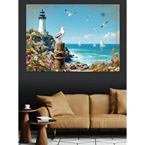 Kuşlar Ve Deniz Feneri Dekoratif Kanvas - Mdf Ahşap Tablo 100x140 cm