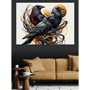 İki Karga Birlikte Oturuyor Dekoratif Kanvas - Mdf Ahşap Tablo 50x70 cm