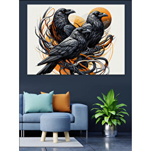 İki Karga Birlikte Oturuyor Dekoratif Kanvas - Mdf Ahşap Tablo