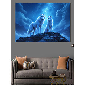 Gece Uluyan Kurtlar Dekoratif Kanvas - Mdf Ahşap Tablo 100x140 cm