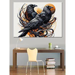 İki Karga Birlikte Oturuyor Dekoratif Kanvas - Mdf Ahşap Tablo 70x100 cm
