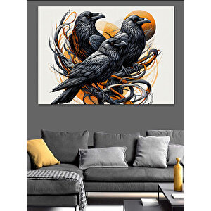 İki Karga Birlikte Oturuyor Dekoratif Kanvas - Mdf Ahşap Tablo 70x100 cm