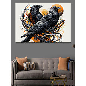 İki Karga Birlikte Oturuyor Dekoratif Kanvas - Mdf Ahşap Tablo