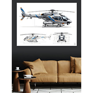Mühendislik Çizimli Helikopter Dekoratif Kanvas - Mdf Ahşap Tablo