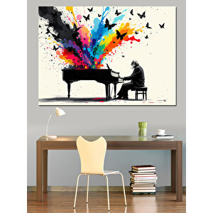 Piyano Çalan Sanatçı Ve Kuşlar Dekoratif Kanvas - Mdf Ahşap Tablo