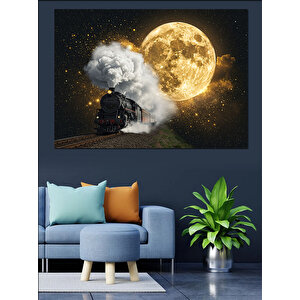 Buharlı Kara Tren Ve Ay Manzarası Dekoratif Kanvas - Mdf Ahşap Tablo 35x50 cm